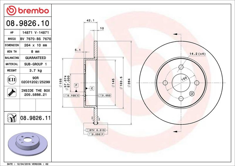 Brzdový kotouč BREMBO 08.9826.10
