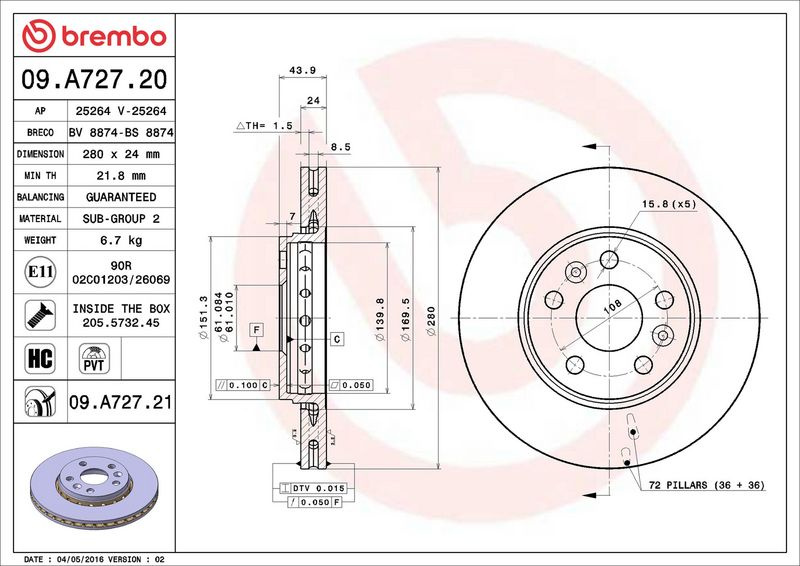 Brzdový kotouč BREMBO 09.A727.21 - MERCEDES-BENZ, RENAULT