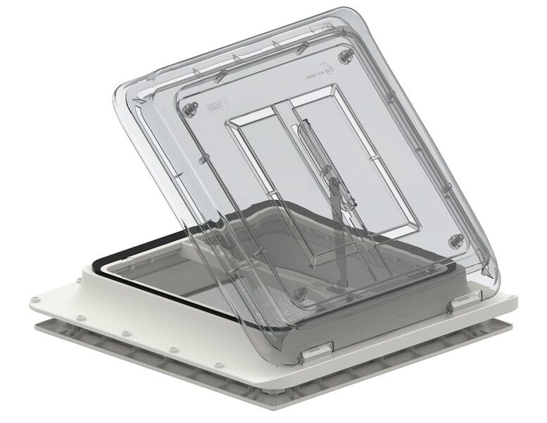 Okno střešní Fiamma Vent 40 Crystal (aerodynamický střešní poklop 40 × 40 cm s kouřovým/matným sklem Crystal, nuceným větráním a moskytiérou) 312353