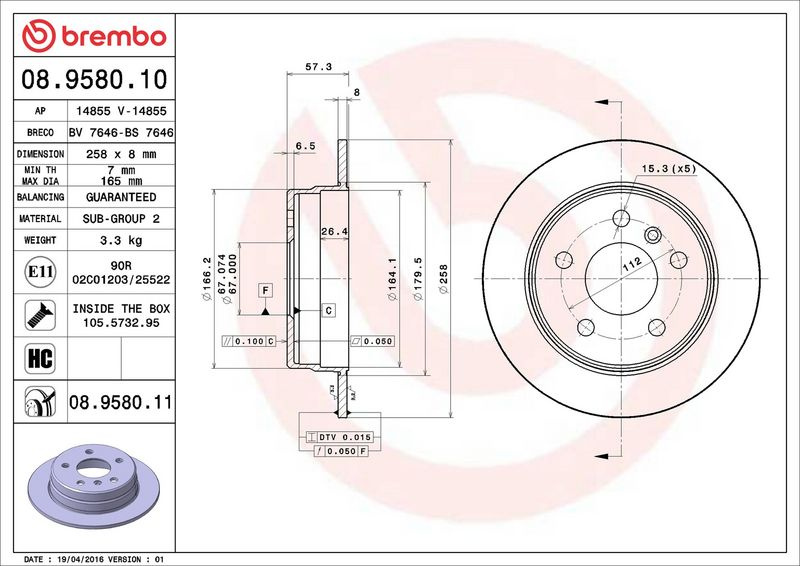 Brzdový kotouč BREMBO 08.9580.11
