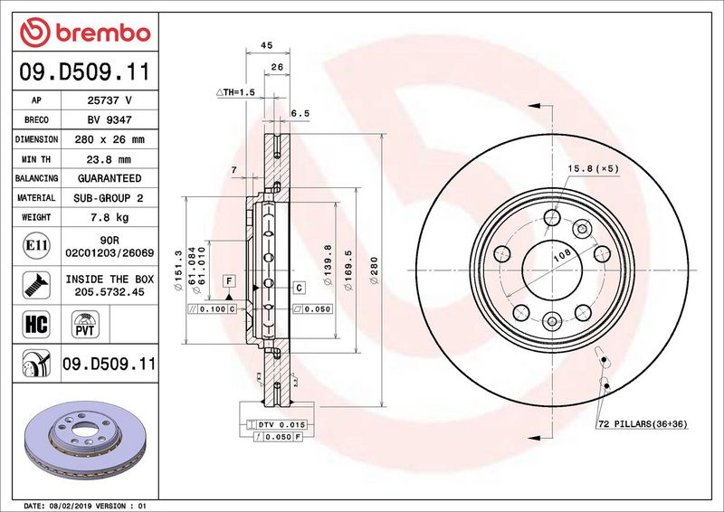 Brzdový kotouč BREMBO 09.D509.11 - RENAULT